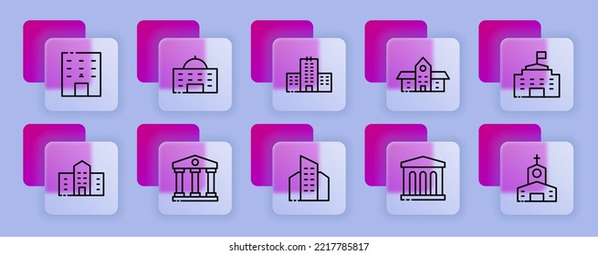 Building se icon. Architecture, skyscraper, apartments, church, museum, theater, administration. Engineering concept. Glassmorphism style. Vector line icon for Business and Advertising