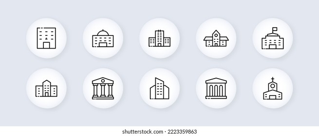 Building se icon. Architecture, skyscraper, apartments, church, museum, theater, administration. Engineering concept. Glassmorphism style. Vector editable set icon on a white background