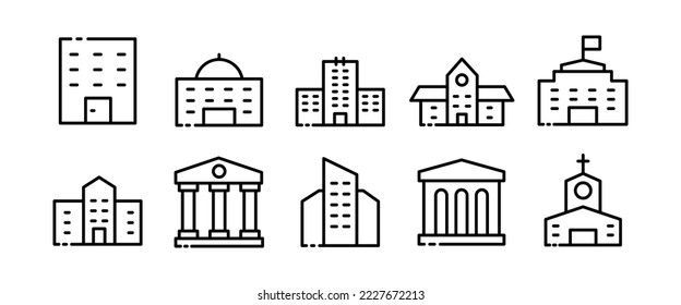 Building se icon. Architecture, skyscraper, apartments, church, museum, theater, administration. Engineering concept. Glassmorphism style. Vector black set icon on a white background