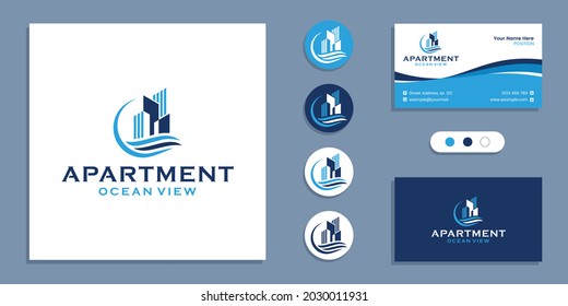 Building With Sea, Apartment Ocean View Logo And Business Card Design Template Inspiration