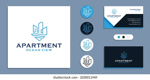 Building With Sea, Apartment Ocean View Logo And Business Card Design Template Inspiration