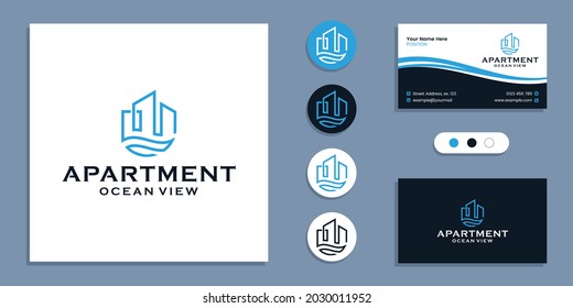 Building With Sea, Apartment Ocean View Logo And Business Card Design Template Inspiration