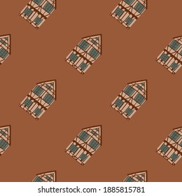 Ein nahtloses Muster mit einem Cartoon-Druck aus dem Haus. brauner Hintergrund. Einfache Hintergrund. Perfekt für Stoffdesign, Stoffdruck, Umhüllung, Cover. Vektorgrafik.