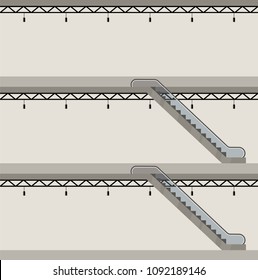 Building in a section. Three floors. Escalator. Vector illustration