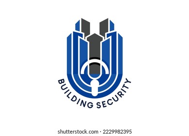 Building security logo design, building shield vector illustration with letter u concept