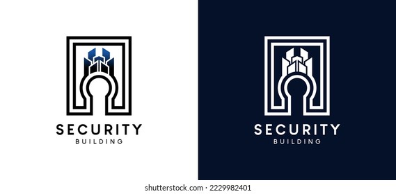 Building security logo design, building shield vector illustration in line style