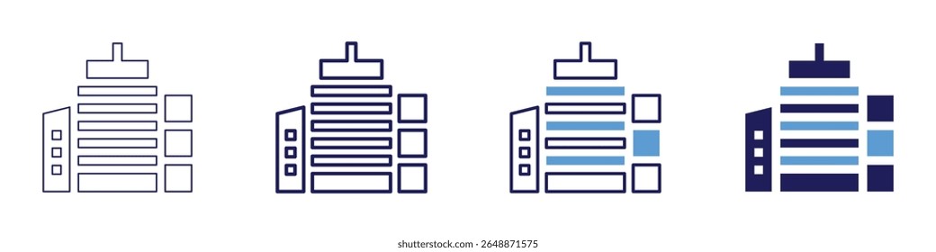 Icono de separación de edificios en 4 estilos diferentes. Línea delgada, línea, línea en negrita, duotono. Estilo duotono. Trazo editable.