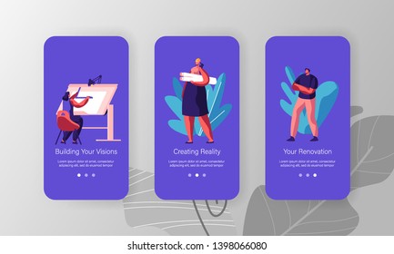 Building Service Concept. People Creating Architecture Construction Project, Paint Plan, Modeling Layout. Mobile App Page Onboard Screen Set for Website or Web Page, Cartoon Flat Vector Illustration