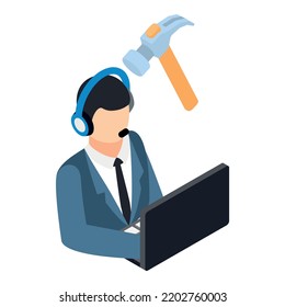 Building service icon isometric vector. Operator front laptop, hammer nail puller. Construction, repair, maintenance