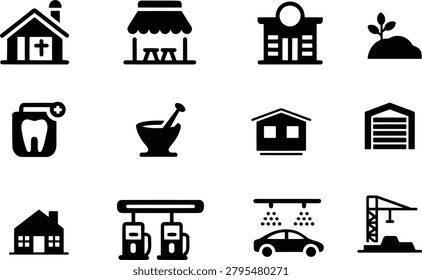 Building service public facility icon collection with civic infrastructure symbols