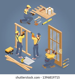 Building services. Floor and door installer. Carpenter builds wooden partition. Isometric construction house or interior repair icons set. Worker in uniform and tools. Vector flat 3d illustration.