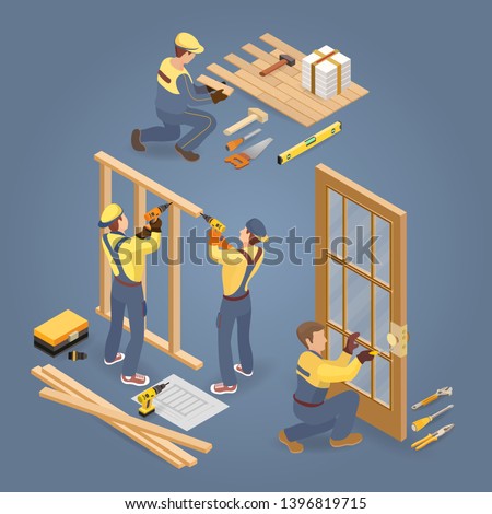 Building services. Floor and door installer. Carpenter builds wooden partition. Isometric construction house or interior repair icons set. Worker in uniform and tools. Vector flat 3d illustration.