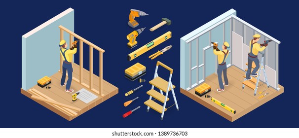 Building services. Isometric construction or interior repair concept. Carpenter builds wooden and gypsum partition. Drywall  work. Worker and equipment. Plasterboard is installed on the wall. Vector.