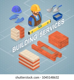 Building services. Isometric repairs concept. Worker, equipment and items isometric icon. Bricklayer in uniform, professional tools, spatula, brick, mortar. Vector flat 3d illustration.