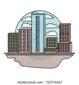 building set big city in circular frame with cloud landscape on color crayon silhouette vector illustration
