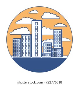building set big city in circular frame with cloud landscape on color section silhouette vector illustration