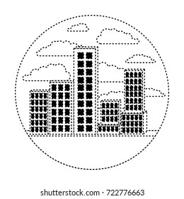 building set big city in circular frame with cloud landscape on monochrome dotted silhouette vector illustration