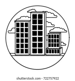 building set city in circular frame with cloud landscape on monochrome dotted silhouette vector illustration