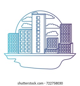 building set city in circular frame with cloud landscape on gradient color silhouette from blue to purple vector illustration