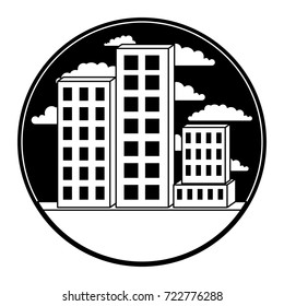 building set city in circular frame with cloud landscape on monochrome silhouette vector illustration