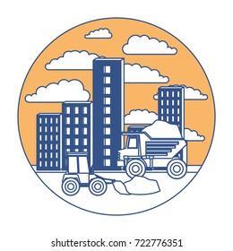 building set city with contruction vehicles in circular frame with cloud landscape on color section silhouette vector illustration