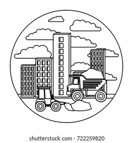 building set city landscape construction with dump truck and bulldozer in circular shape monochrome silhouette vector illustration