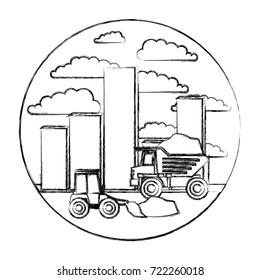 building set city landscape construction with dump truck and bulldozer in circular shape monochrome blurred silhouette vector illustration