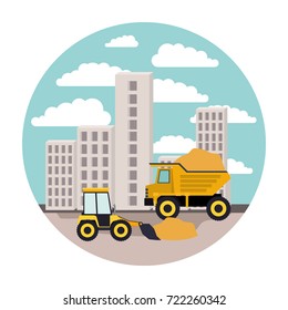 building set city landscape construction with dump truck and bulldozer in circular shape colorful silhouette vector illustration