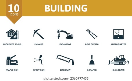 Building set. Creative icons: architect tools, pickaxe, excavator, bolt cutter, ampere meter, staple gun, spray gun, hacksaw, scraper, bulldozer.