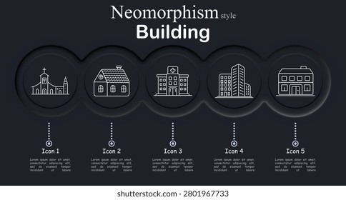 Building set icon. Line icons with church silhouette, cottage house, hospital facility, office tower, apartment block, urban structures with varied architecture shapes.