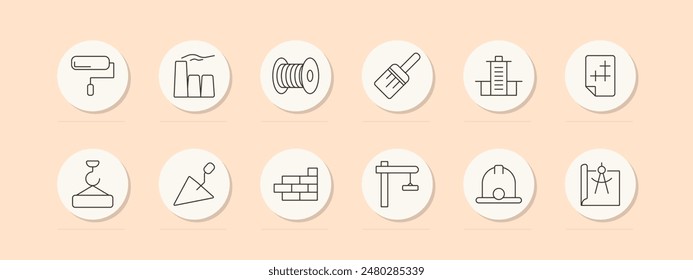 Building set icon. Paint roller, factory, wire spool, brush, crane, trowel. Construction, architecture, tools concept. Vector line icons on beige background.