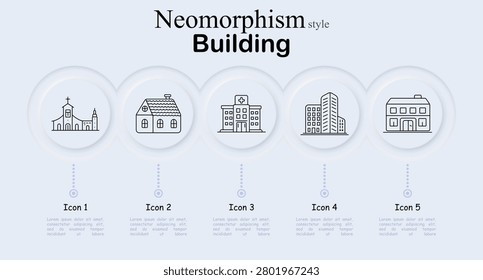 Building set icon. Religious chapel, suburban cottage, medical center, commercial skyscraper, residential property, neumorphism metropolitan architecture compilation.