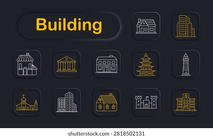 Building set icon. Residential cottage, governmental columns, suburban residence, pagoda temple, lighthouse beacon, religious cathedral, metropolitan skyscrapers, fortified citadel, medical center