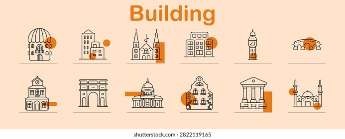 Building set icon. Rounded cathedral, urban apartments, religious temple, commercial offices, observation tower, stone bridge, educational campus, monumental gateway, cultural mosque collection.