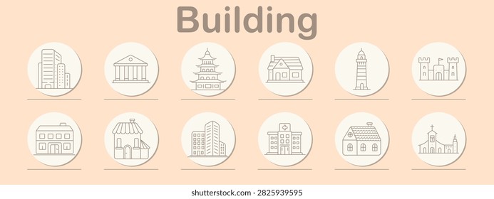 Building set icon. Skyscraper complex, classical museum, pagoda temple, residential cottage, lighthouse beacon, fortified castle, healthcare facility, urban district, religious sanctuary