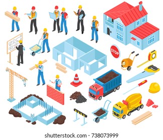 Building set of isolated construction site elements equipment and transport units with human characters of workers vector illustration