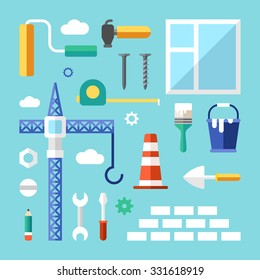Building. Set of Vector Icons and Illustrations in Flat Design Style