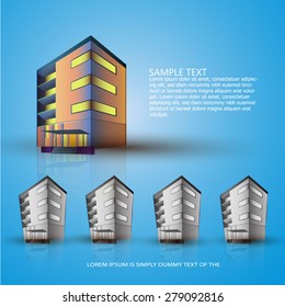 Building. Several buildings on a blue background. Template layout