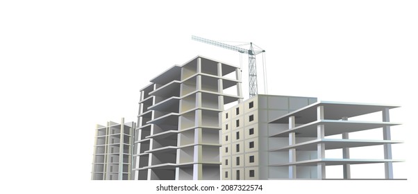 Building Several Construction. Reinforced Concrete Slabs And Floors. Residential House Or Office. Unfinished Object. Realistic Style. Lifting Crane. Isolated On White Background. Bottom View. Vector