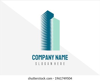 Building Shaped Logo With Perspective, Bluish Color Palettes and Simple Modern Design for Commercial Use