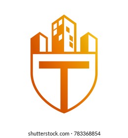 Building Shield Letter T Initial Logo