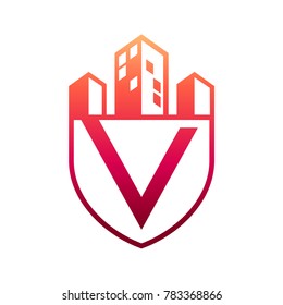 Building Shield Letter V Initial Logo