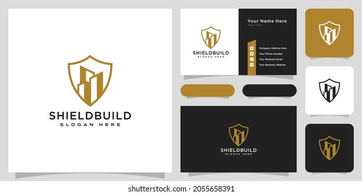 logotipo de estilo de línea de construcción y protección y tarjeta de visita