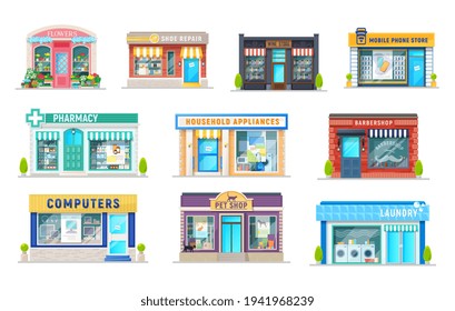 Construcción de tiendas, tiendas, farmacia, lavandería y barbershop íconos aislados de la arquitectura comercial de vectores de dibujos animados. Diseño de computadoras, vinos, tiendas de flores y mascotas, teléfonos móviles y farmacias