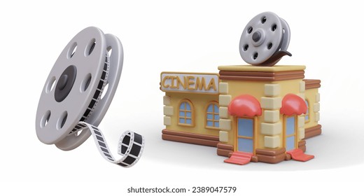 Building with signboard on white background. Model of cinema with large reel of film near. Vector illustration yellow and red colors in cartoon 3d style