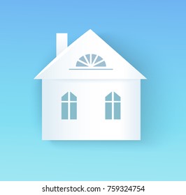 Building and its silhouette, architecture and exterior of building with roof and walls chimney and three windows, vector illustration isolated on blue