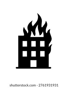 Building silhouette burning with flames, representing disaster and arson