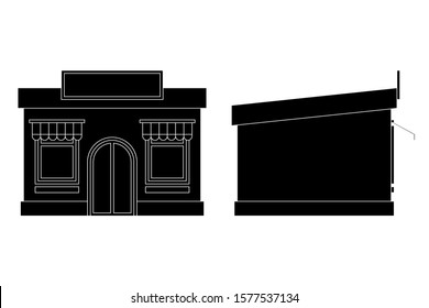 Building silhouette. Front and side view. Vector illustration isolated on white background