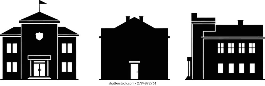 Building silhouette icon collection with three different architectural styles