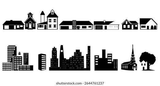 Building Silhouette Vector Set – Urban and Suburban Structures Collection Featuring Houses, Skyscrapers, Shops, Factories, Apartments, Offices, and Cityscape Elements in Black Silhouette Style